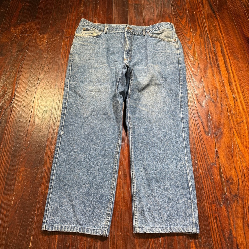 Vintage 90s Lee Jeans Mens 42x32 Blue Made in USA Straight Leg Whiskers Fade
